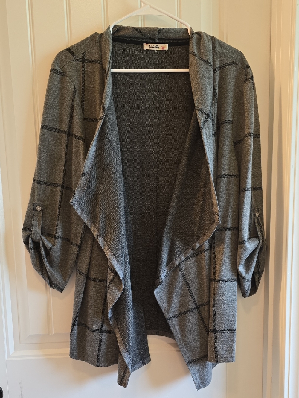 Solemio Gray Plaid Draped Open-Front Cardigan